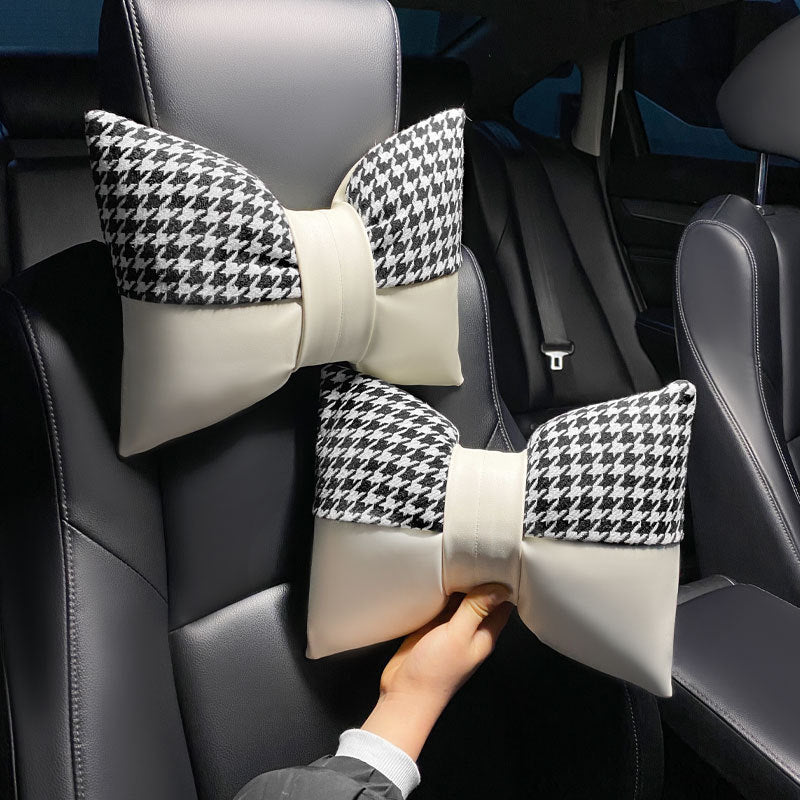 1 Pair Headrest + Pillow Black Cute Bowtie Car Headrest Pillow and Waist Cushion Set, Stylish Houndstooth Design, Soft Neck and Back Support for Car Interior