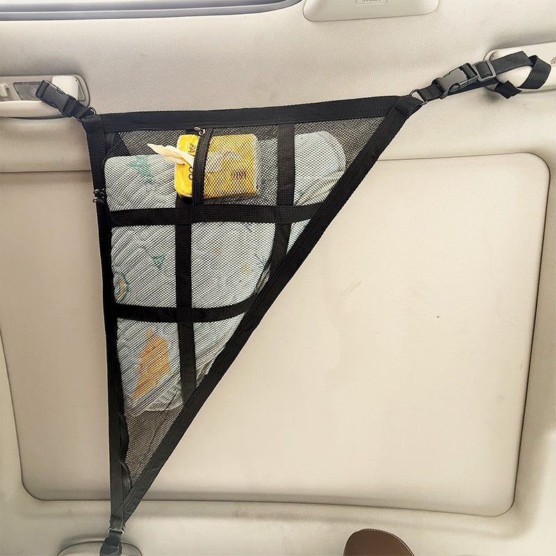 Beige Car Roof Triangular Storage Net - Adjustable Ceiling Organizer for Vehicles