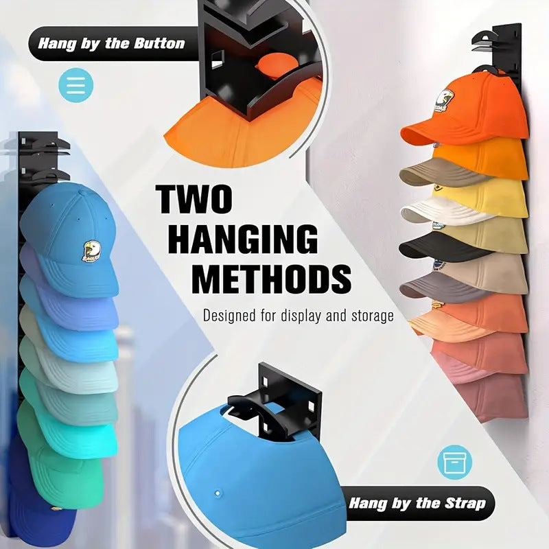 1 Pcs Black Adjustable Hat Organizer Rack for Baseball Caps - Space Saving Wall-Mounted Hat Storage with 2 Hanging Methods for Display and StorageBaseball cap is a shooting prop and is not included