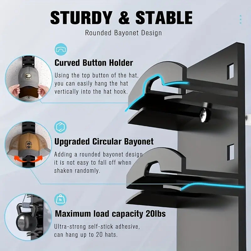 1 Pcs Black Adjustable Hat Organizer Rack for Baseball Caps - Space Saving Wall-Mounted Hat Storage with 2 Hanging Methods for Display and StorageBaseball cap is a shooting prop and is not included
