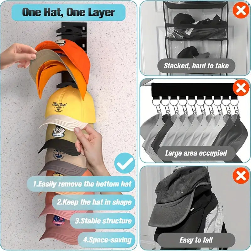 1 Pcs Black Adjustable Hat Organizer Rack for Baseball Caps - Space Saving Wall-Mounted Hat Storage with 2 Hanging Methods for Display and StorageBaseball cap is a shooting prop and is not included