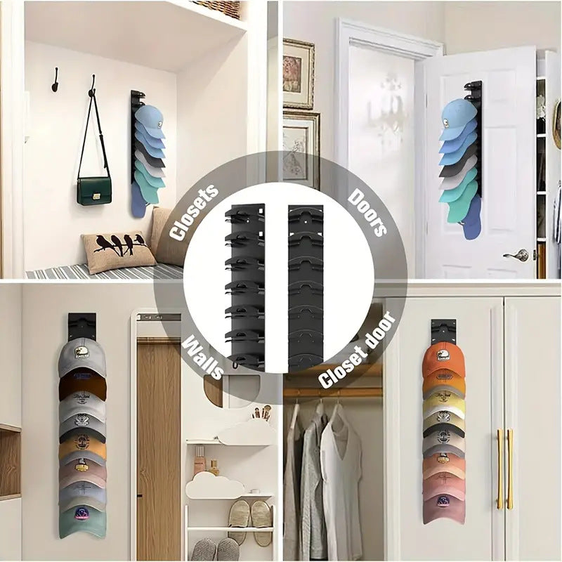 1 Pcs Black Adjustable Hat Organizer Rack for Baseball Caps - Space Saving Wall-Mounted Hat Storage with 2 Hanging Methods for Display and StorageBaseball cap is a shooting prop and is not included