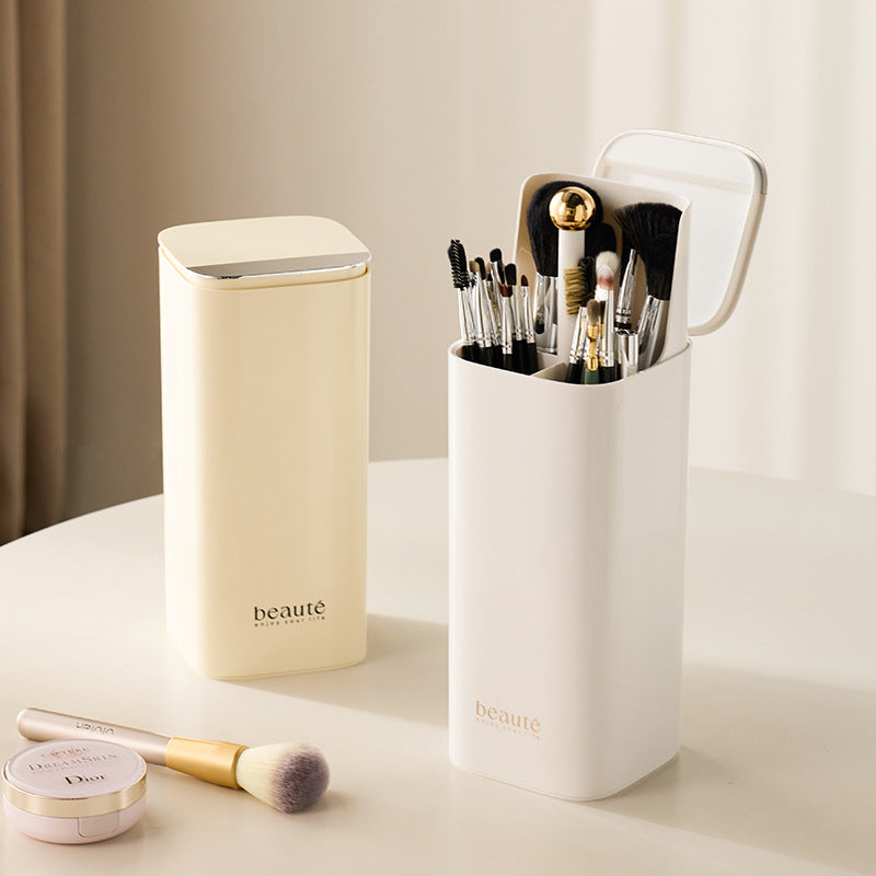 Black Silver Automatic Lifting Makeup Brush Holder with 4 Compartments, Large Capacity Cosmetic Brush OrganizerMakeup brushes are shooting props and are not included