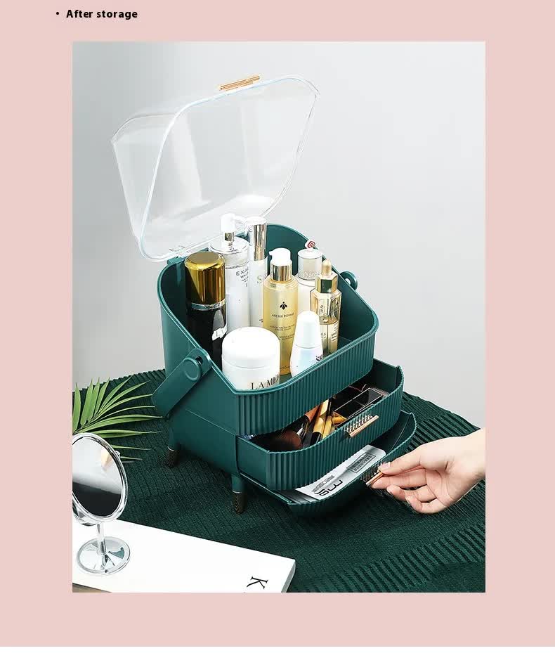 Dark Green Multifunctional Makeup Organizer with Large Capacity and Transparent DesignMakeup is a prop for shooting and is not included