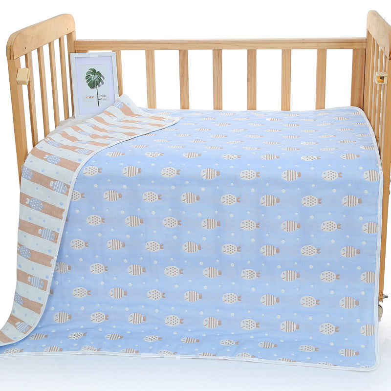 Blue Fish, 6-Layer Muslin Baby Blanket - Soft Cotton Bedding for Infants and Toddlers, 110x110cm