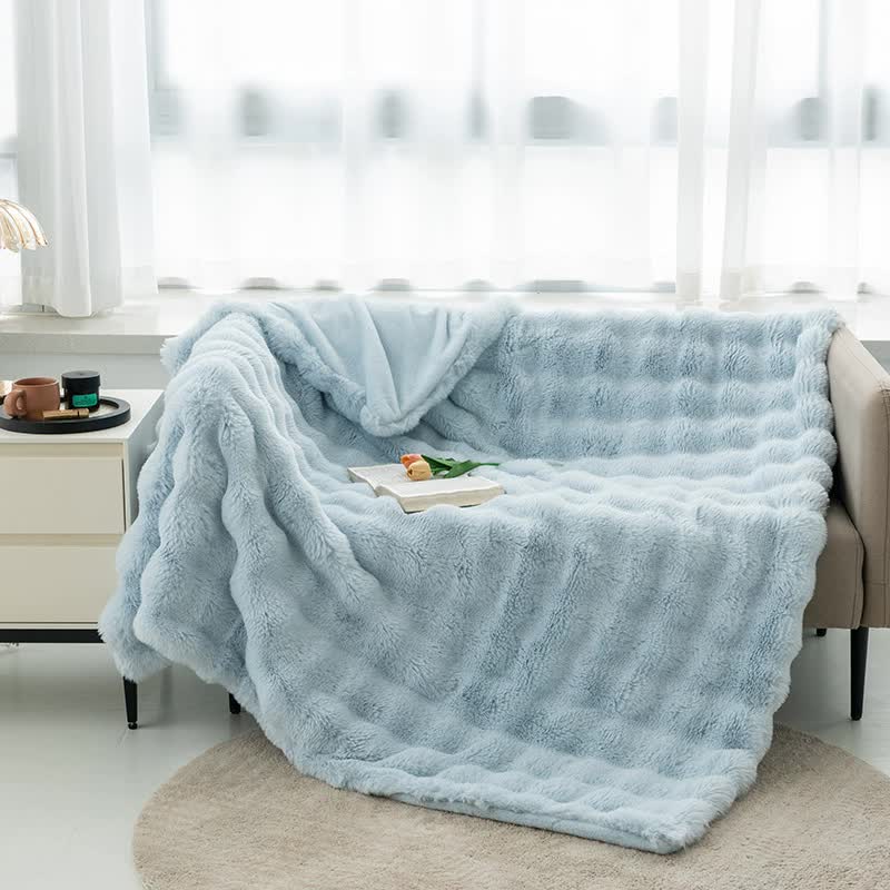 Light Blue 100*160cm Plush Toscana Rabbit Hair Throw Blanket - Soft Flannel Fleece for All Seasons, Perfect for Couch & Bed