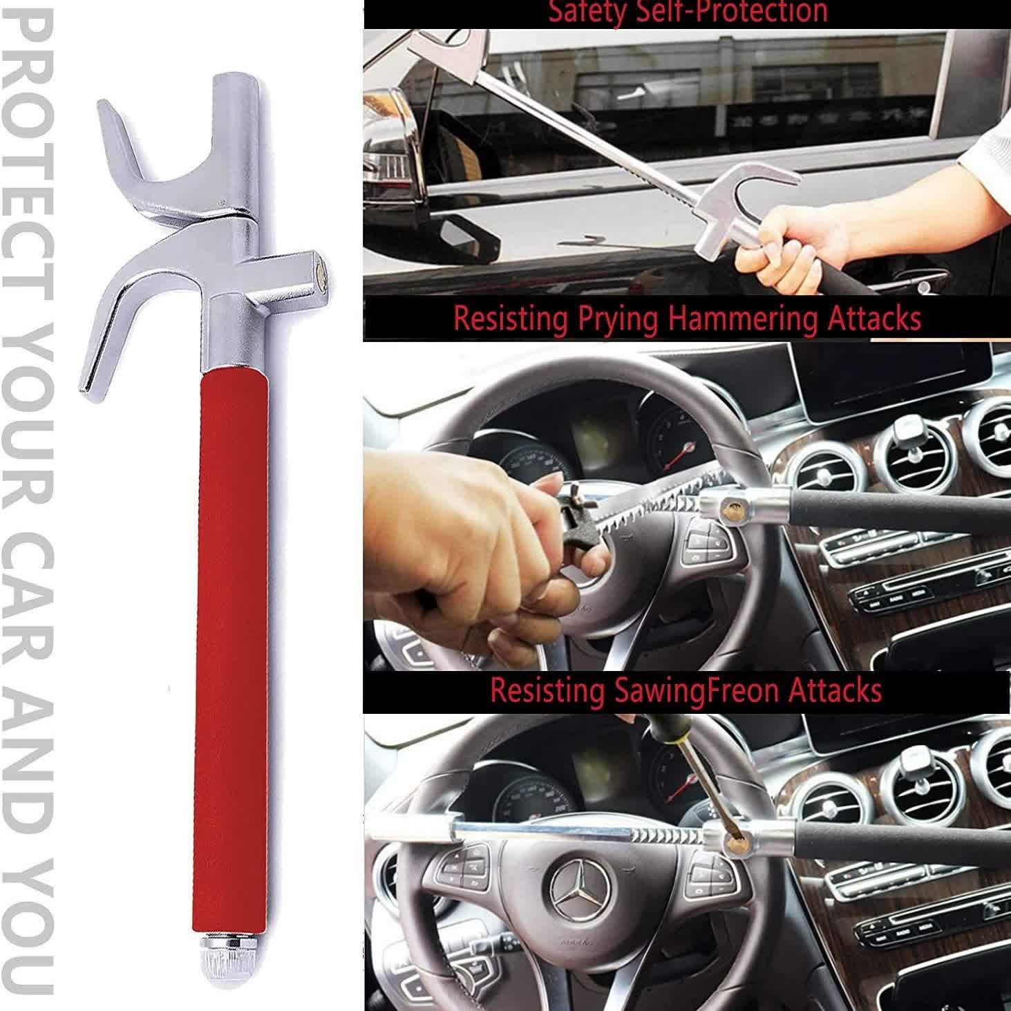 Red Multifunctional Car Steering Wheel Lock - Adjustable and Telescopic Anti-theft & Window Breaker Safety Tool