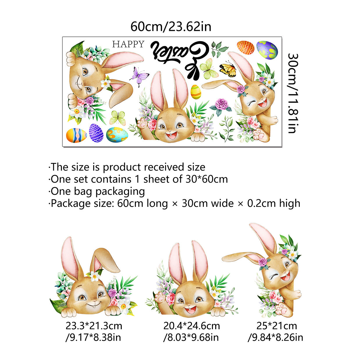 3 Sheet， Creative Easter Bunny & Egg Window Decal - Adhesive Wall Stickers for Living Room & Bedroom (60cm x 30cm)