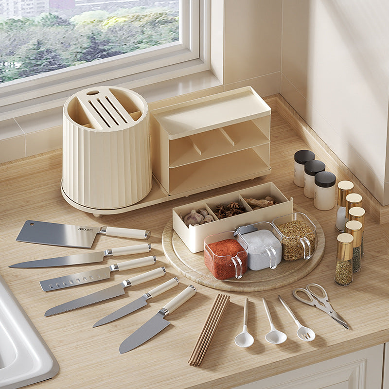 All-in-One Kitchen Countertop Organizer | Rotating Utensil Holder, Knife Block & Spice Rack with Drawer | Transparent color