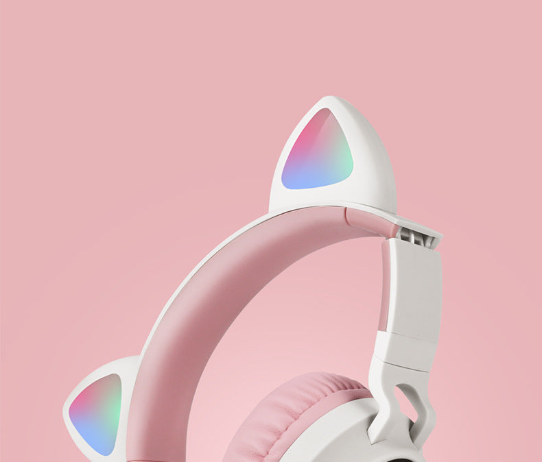 Adorable Cat Ear Wireless Headphones - Bluetooth 5.0, Foldable Design, Glowing RGB LED Lights - Cute Grey  Headset