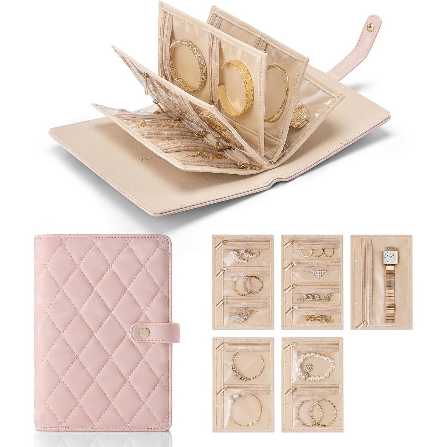 Pink Elegant Quilted Travel Jewelry Organizer Binder - Portable Loose-Leaf Storage Book with Clear Zipper Pockets for Earrings, Necklaces, Rings