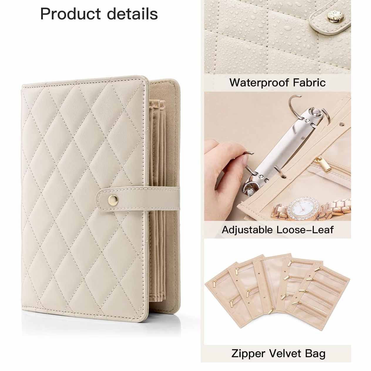 Pink Elegant Quilted Travel Jewelry Organizer Binder - Portable Loose-Leaf Storage Book with Clear Zipper Pockets for Earrings, Necklaces, Rings