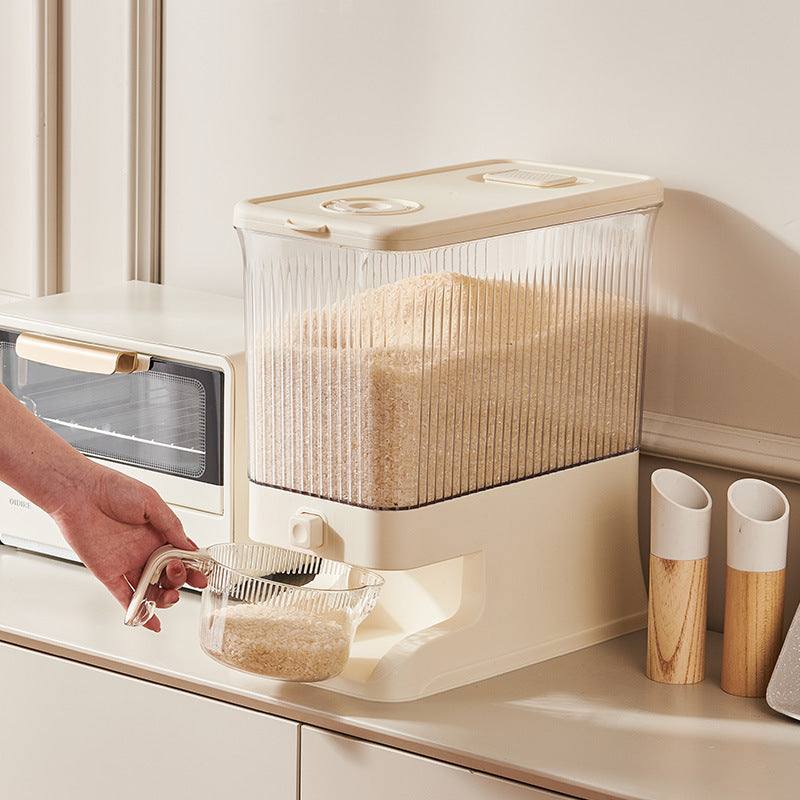 Transparent Cream White Smart Kitchen Rice Dispenser - Automatic Press-Style Rice Storage Bin