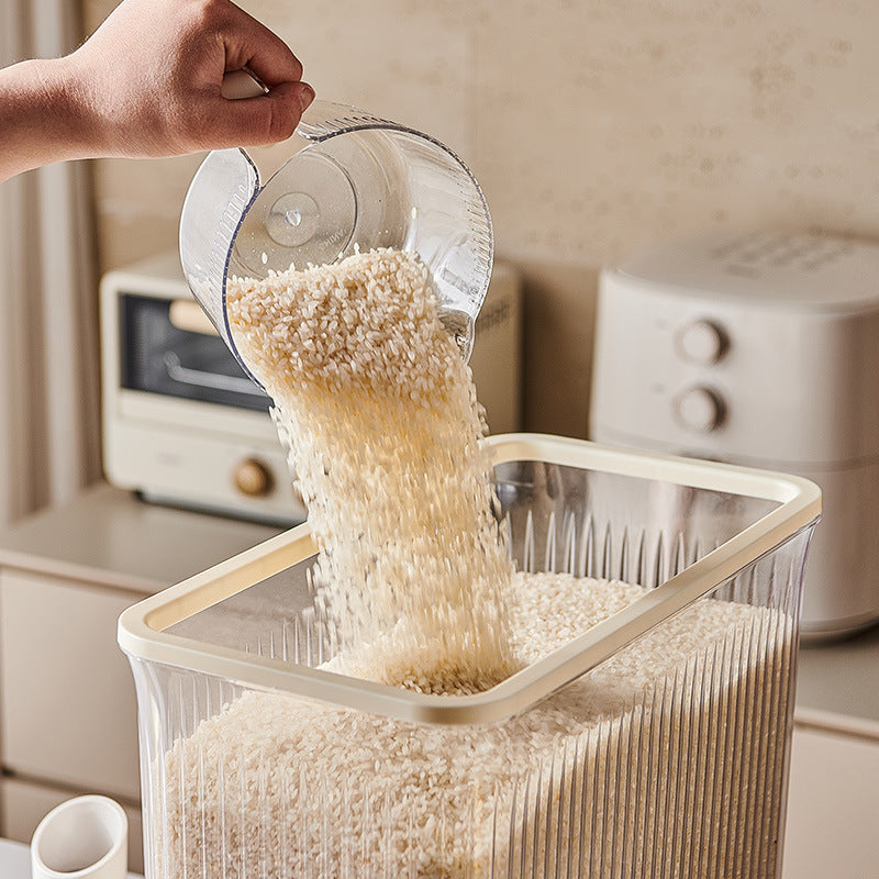 Transparent Cream White Smart Kitchen Rice Dispenser - Automatic Press-Style Rice Storage Bin