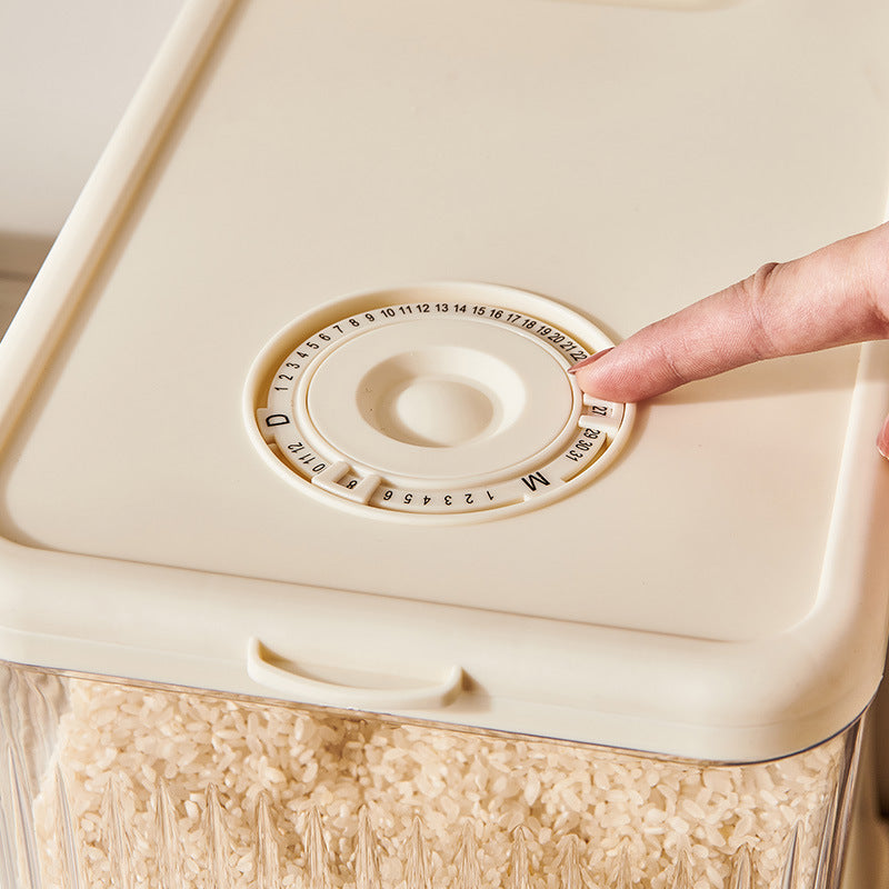 Transparent Cream White Smart Kitchen Rice Dispenser - Automatic Press-Style Rice Storage Bin