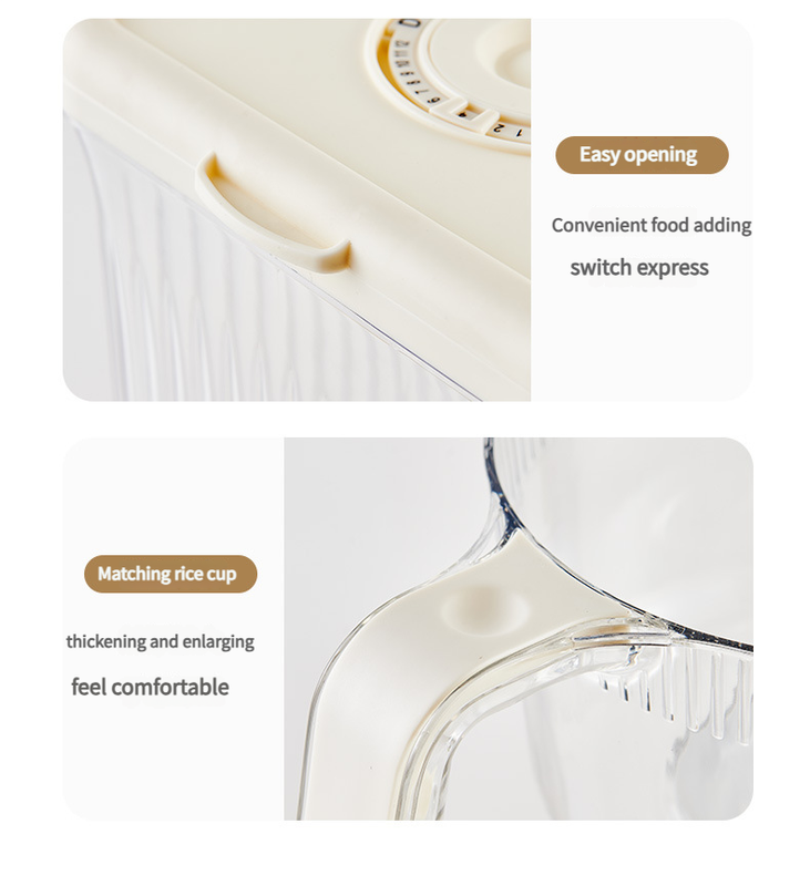 Transparent Cream White Smart Kitchen Rice Dispenser - Automatic Press-Style Rice Storage Bin