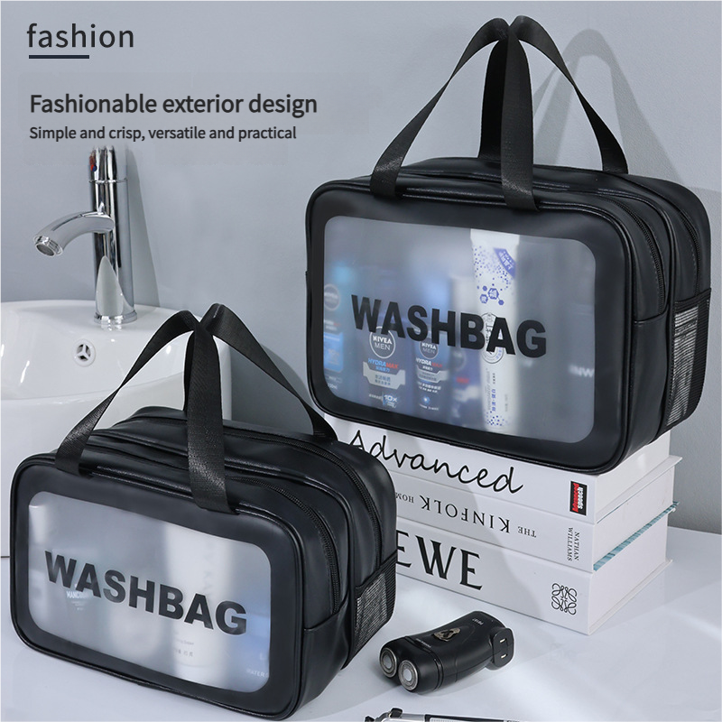 2PCS Dual-Layer Transparent PU Cosmetic Pouch - Wet and Dry Separation, Large size(31*15*20cm)- Pink
