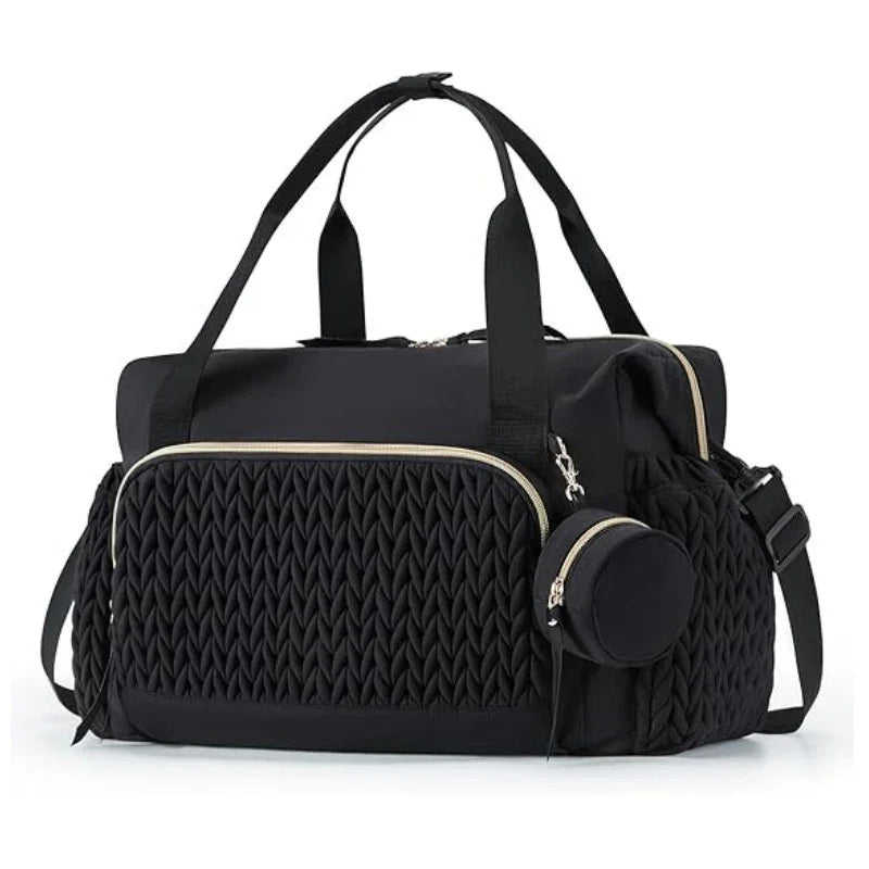 Black Large Quilted Diaper Bag Tote - Multi-functional Travel Baby Bag with Changing Pad and Pacifier Pouch - Stylish Hospital Bag for Labor and Delivery
