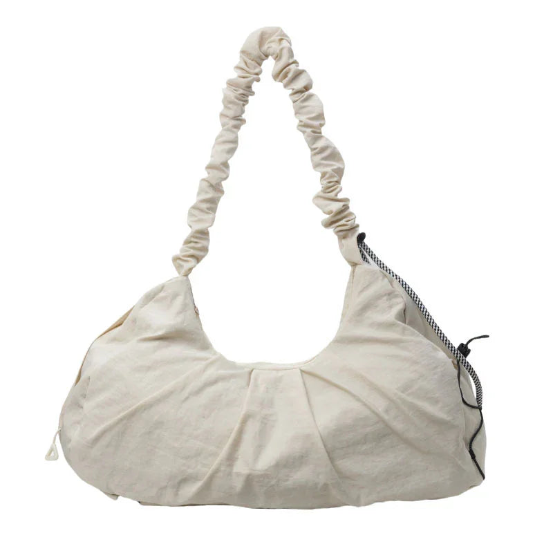 Beige Large Capacity Ruched Travel Duffel Bag - Stylish Yoga Mat Storage Shoulder Bag - Lightweight Gym Fitness Tote with Drawstring Detail for Weekend Getaways and Sports