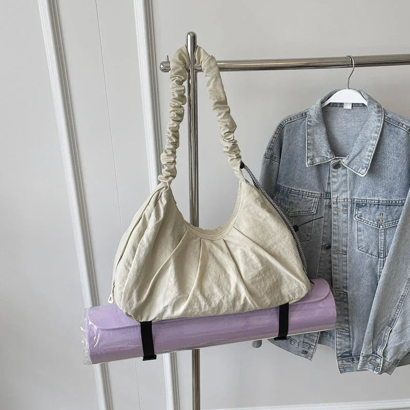 Beige Large Capacity Ruched Travel Duffel Bag - Stylish Yoga Mat Storage Shoulder Bag - Lightweight Gym Fitness Tote with Drawstring Detail for Weekend Getaways and Sports