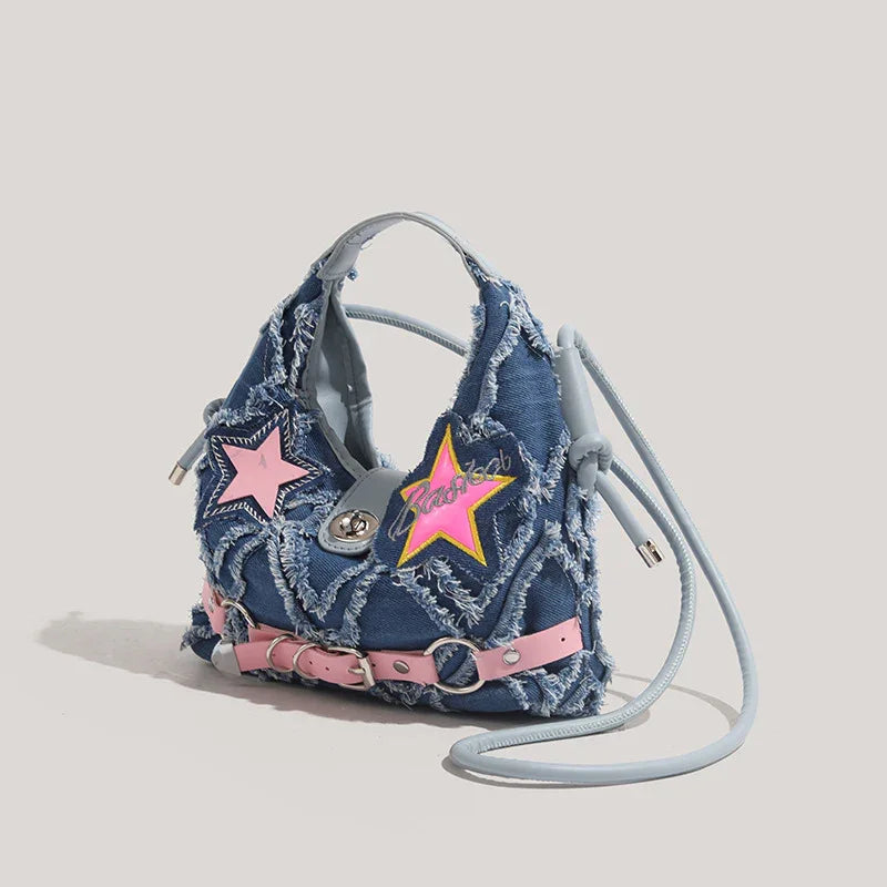 Trendy Denim Crescent Bag - Distressed Star Punk Style Crossbody Handbag - Chic Small Hobo Bag for Women - Spicy Girl Streetwear Aesthetic