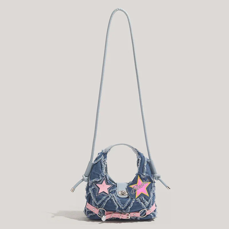 Trendy Denim Crescent Bag - Distressed Star Punk Style Crossbody Handbag - Chic Small Hobo Bag for Women - Spicy Girl Streetwear Aesthetic