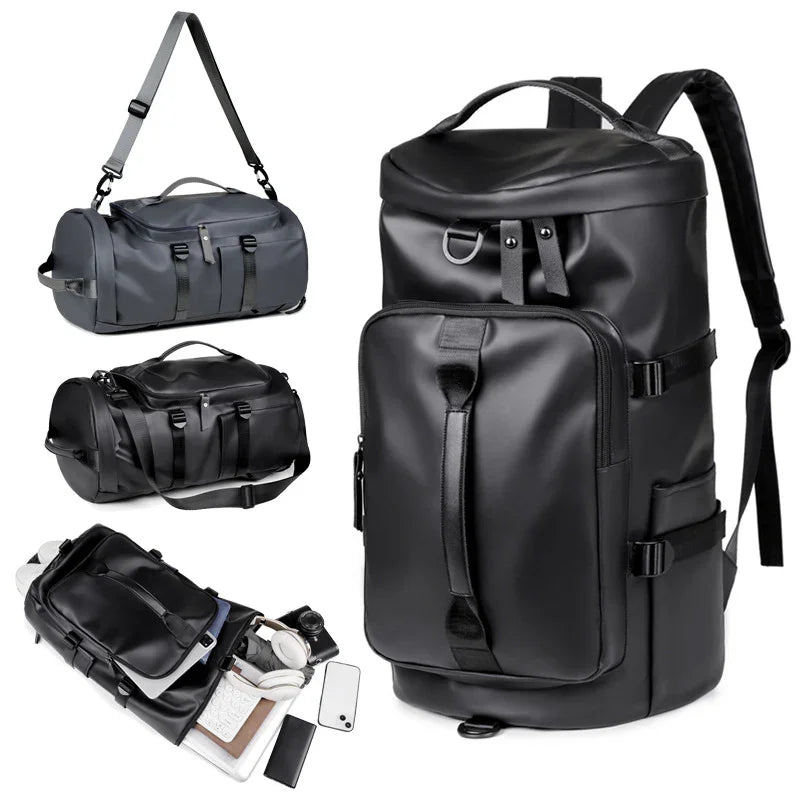 Black Large Capacity Men's Travel Backpack with Shoe Compartment - Water-Resistant Coated Fabric Business Weekender Bag - Casual Duffel Backpack with Dry-Wet Separation for Gym, Hiking, and 14-Inch Laptop