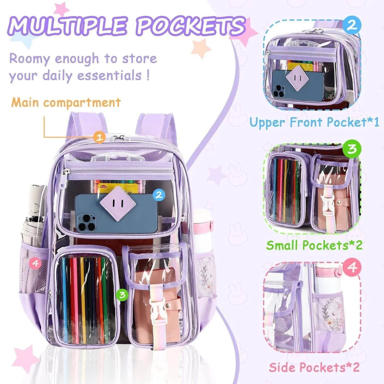 Heavy Duty Clear Transparent Backpack with Purple - Large Capacity PVC Bookbag for School, Stadium, and Gym - Fits 16-Inch Laptop, Binders and A4 Books