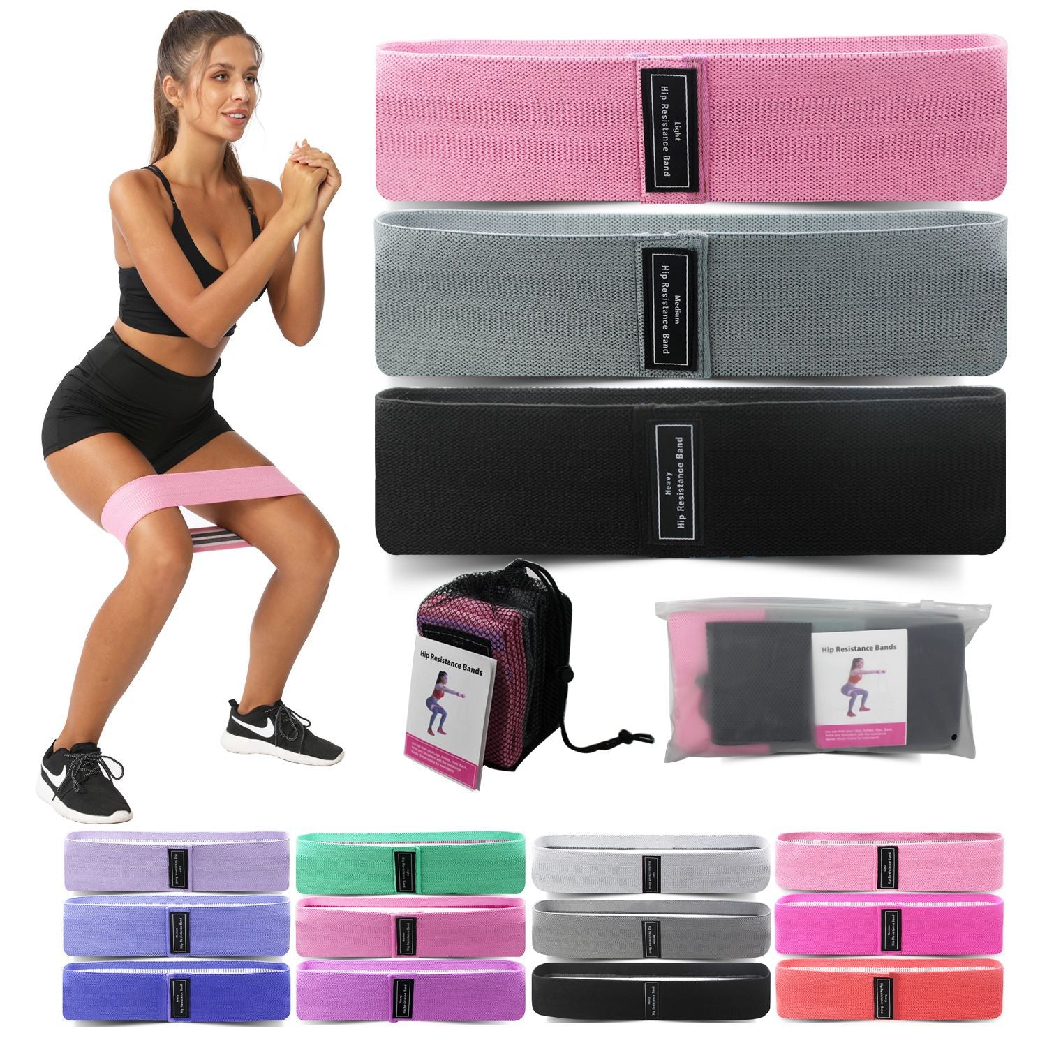 Pink-Grey-Black Fabric Resistance Bands Set - 3 Levels Non-Slip Hip Bands for Strength Training