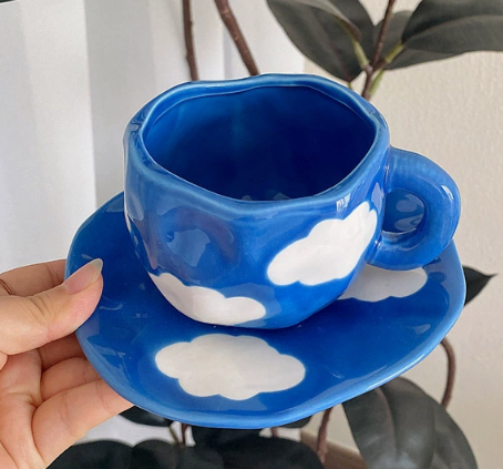 Blue Sky and White Clouds 300ML Underglaze Hand-Pinched Cup and Saucer Set - Ceramic Coffee Mug Milk Cup Breakfast Set