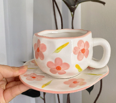 Pink Flowers On A White Background 300ML Underglaze Hand-Pinched Cup and Saucer Set - Ceramic Coffee Mug Milk Cup Breakfast Set