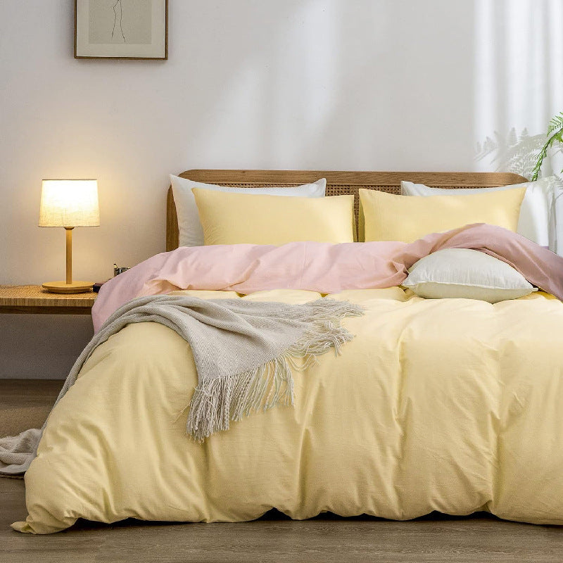 Yellow-pink 1.8m Duvet Cover 180*220cm Luxurious Soft Brushed Microfiber 4-Piece Bedding Set - Pure Color Double Bed Duvet Cover with Fitted Sheet