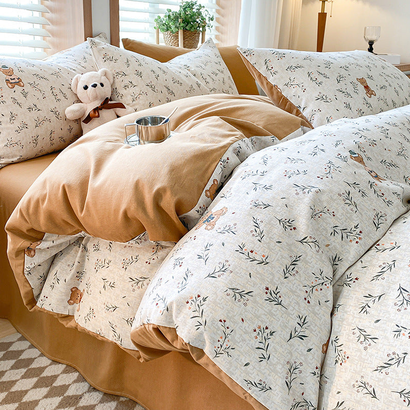 Phil Bear Thick Brushed Cotton 4-Piece Bed Sheet Set 1.5m Bed - Fits 200x230cm Duvet