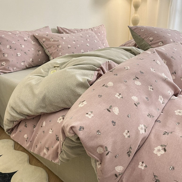 Pink-grey Thick Brushed Cotton 4-Piece Bed Sheet Set 1.5m Bed - Fits 200x230cm Duvet