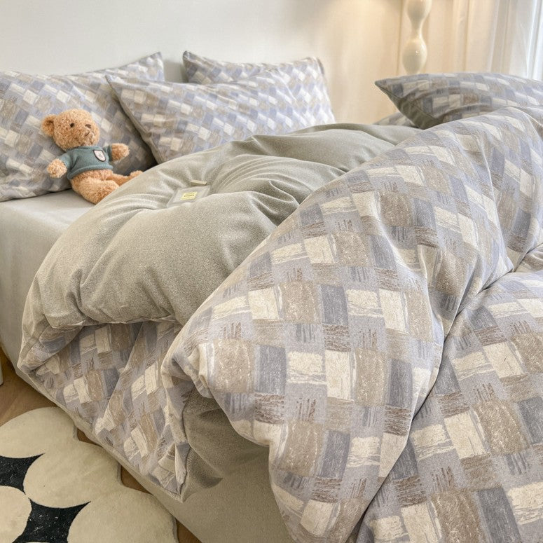 Striped Checkered Pattern Thick Brushed Cotton 4-Piece Bed Sheet Set 1.5m Bed - Fits 200x230cm Duvet