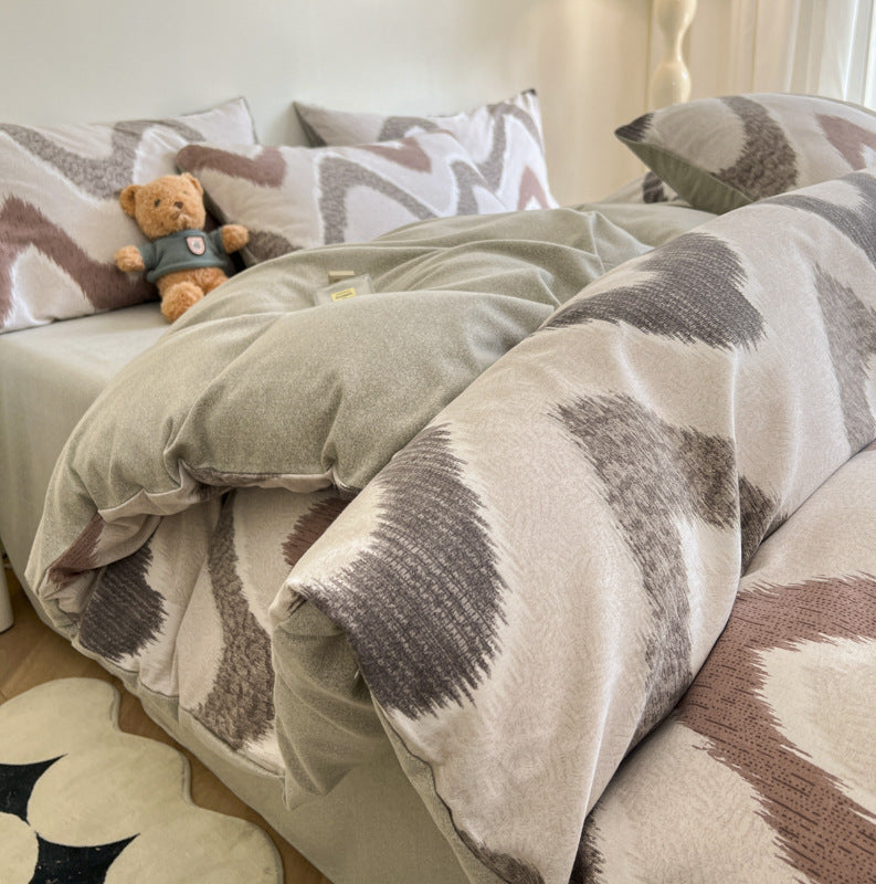 Grey Thick Brushed Cotton 4-Piece Bed Sheet Set 1.5m Bed - Fits 200x230cm Duvet