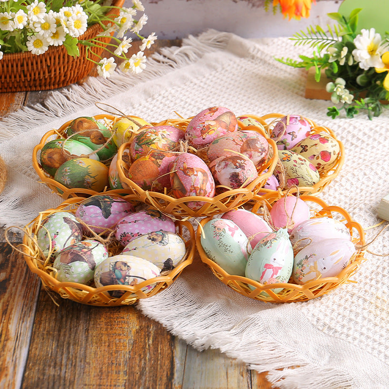 Rabbit Five Sets Of Six Each Easter Egg Hanging Ornament Set with Creative Woven Basket - Festive Decor for Home Scenes