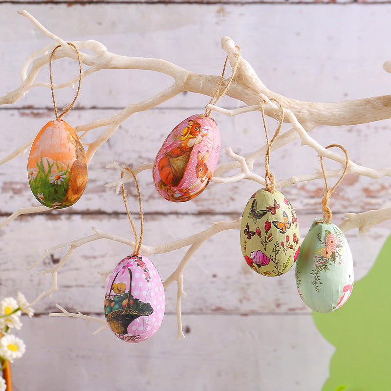 Rabbit Five Sets Of Six Each Easter Egg Hanging Ornament Set with Creative Woven Basket - Festive Decor for Home Scenes