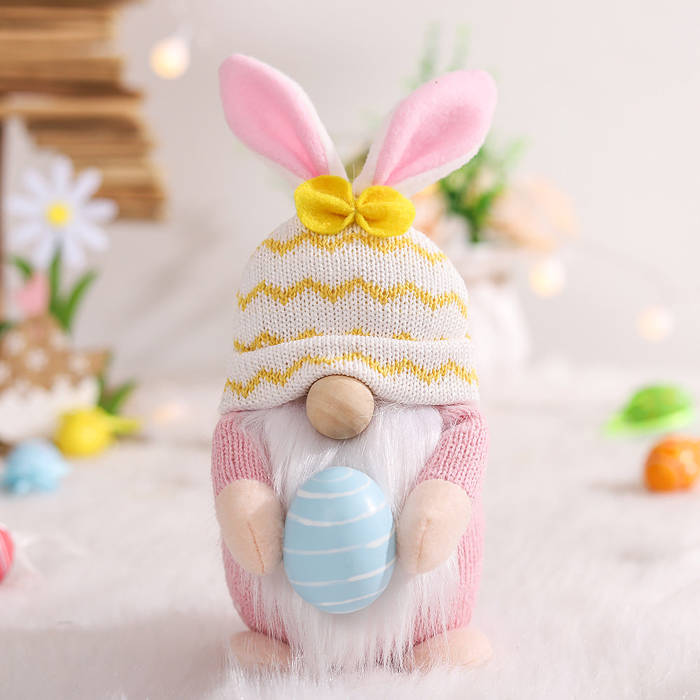 Pink Fat Doll Easter Gnome Doll - Knitted Fabric with Egg and Bunny Ears Decor