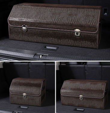 Extra Large Crocodile Print Brown Foldable Car Trunk Storage Box - Large Capacity Insertable Rear Organizer