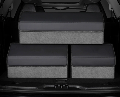 Extra Large Tumbled Leather Grey Foldable Car Trunk Storage Box - Large Capacity Insertable Rear Organizer