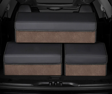 Extra Large Tumbled Leather Brown Foldable Car Trunk Storage Box - Large Capacity Insertable Rear Organizer