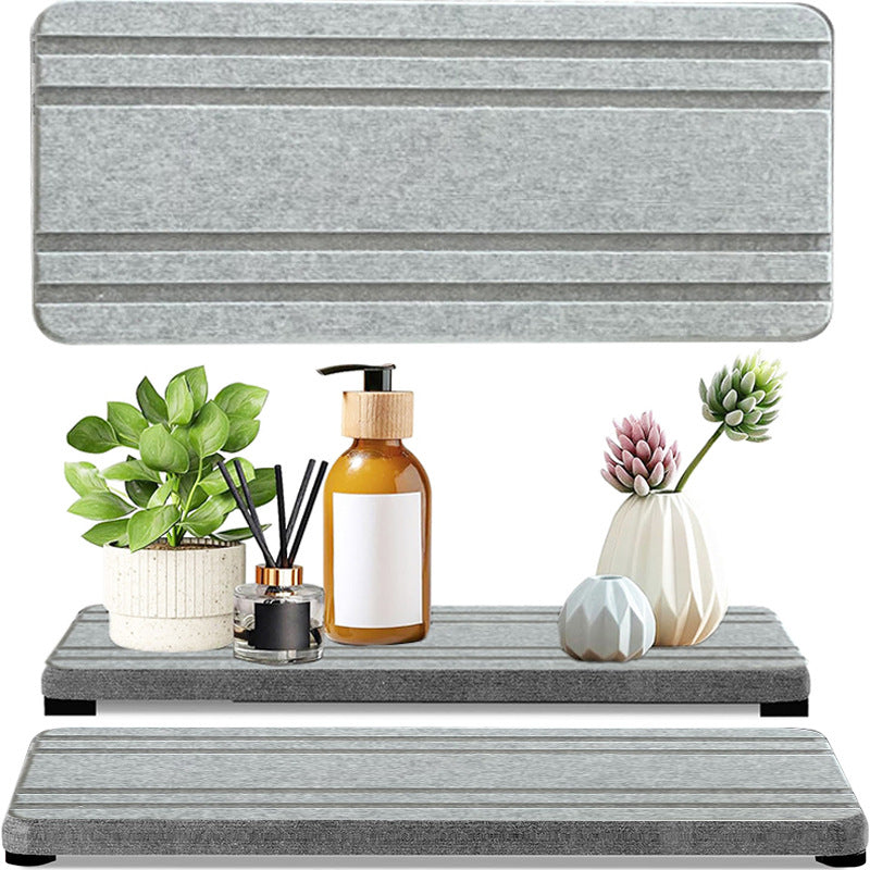 Upper And Lower Slots Medium Grey 2-Piece Rectangular Diatomaceous Earth Coaster Set - Absorbent Grooved Mat for Sink and Bathroom