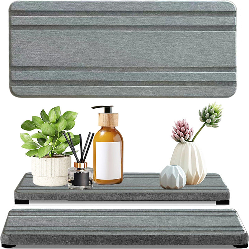 Upper And Lower Slots Dark Grey 2-Piece Rectangular Diatomaceous Earth Coaster Set - Absorbent Grooved Mat for Sink and Bathroom