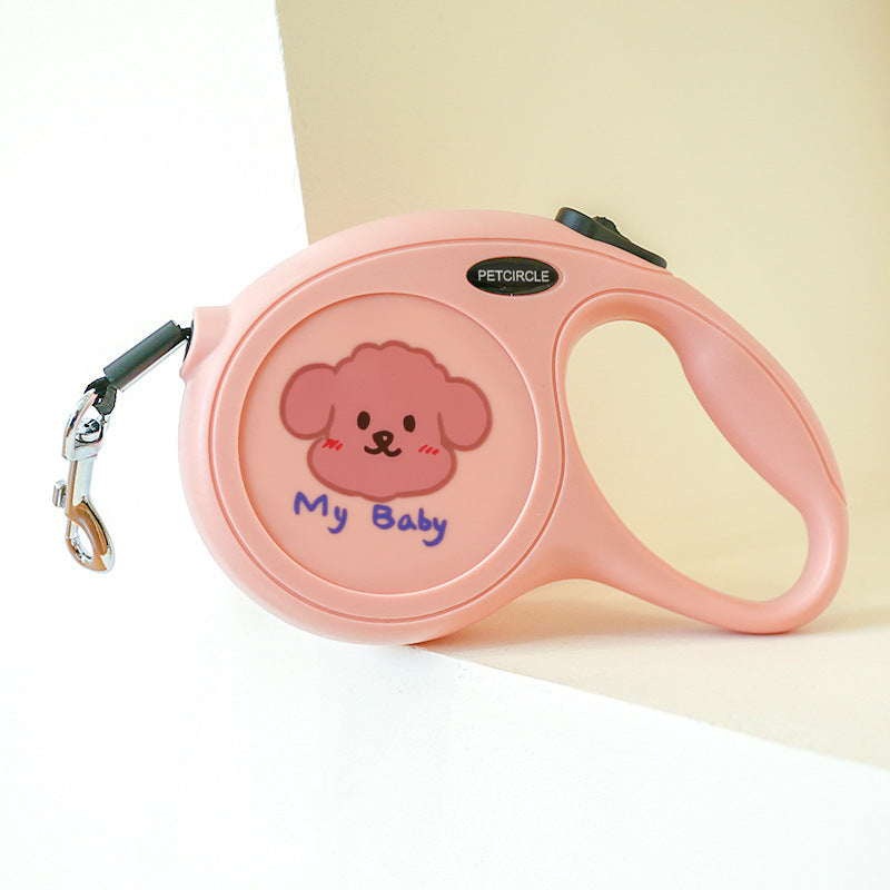 Pink 5m Cartoon Retractable Dog Leash for Golden Retriever & Poodle Puppies - Durable, Tangle-Free Pet Walking Essential