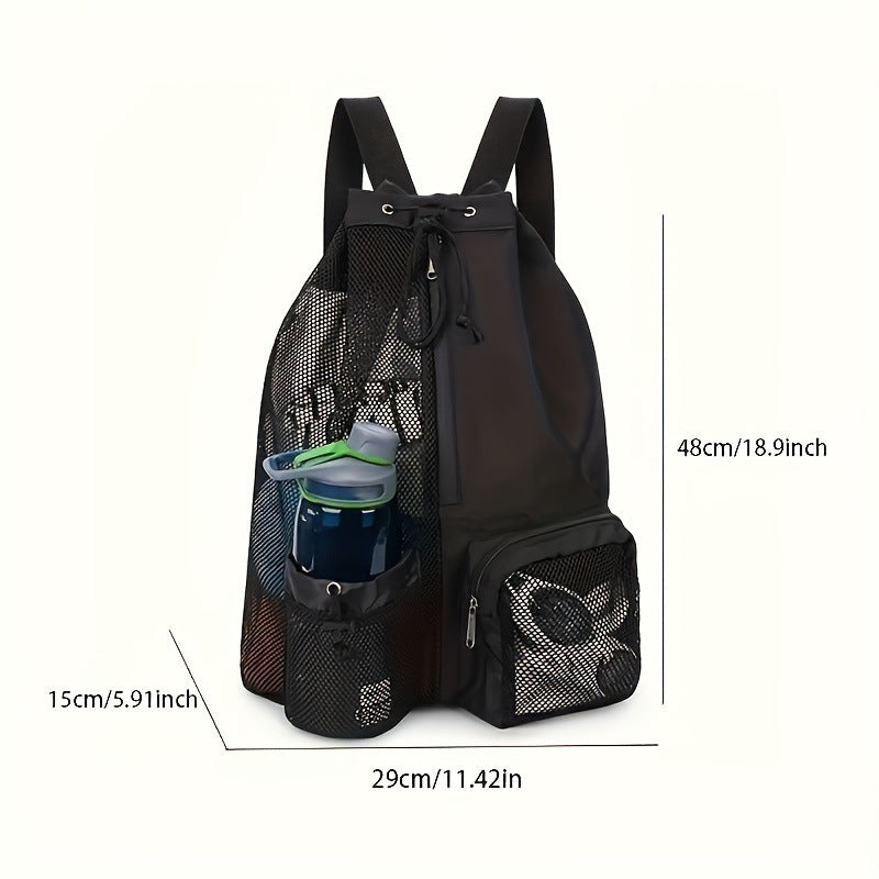 Light Grey Mesh Drawstring Swim Backpack with Wet Bag - Durable Beach Gym Bag for Wet Gear