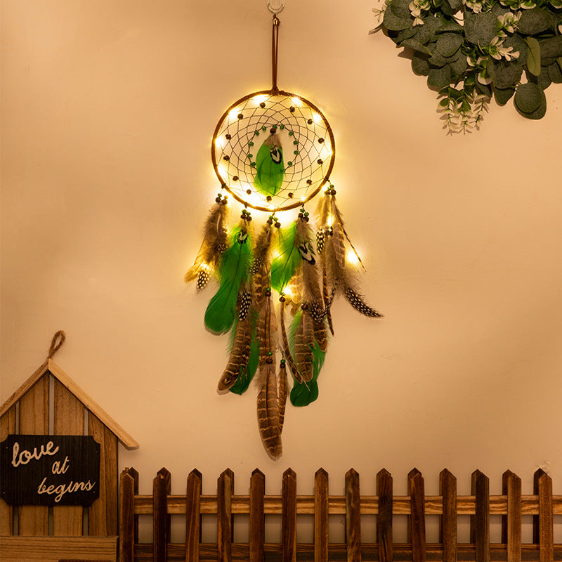 Rounded With Lights Boho Forest Dreamcatcher Wind Chime Pendant - INS Style Moonlit Serenity Decor