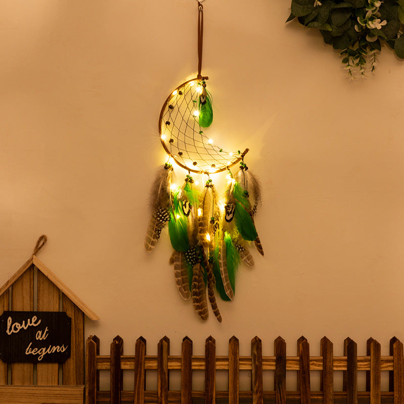Crescent With Lights Boho Forest Dreamcatcher Wind Chime Pendant - INS Style Moonlit Serenity Decor