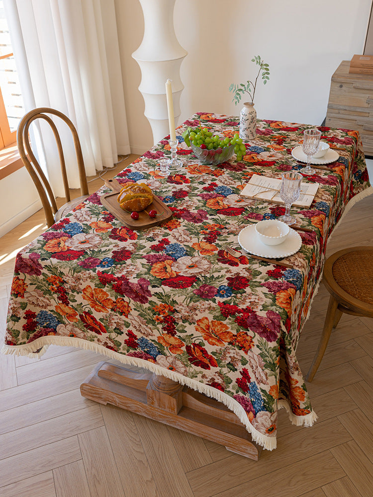 Floral Cotton Linen Tablecloth | Vintage Style Country Garden Design, 90x90cm