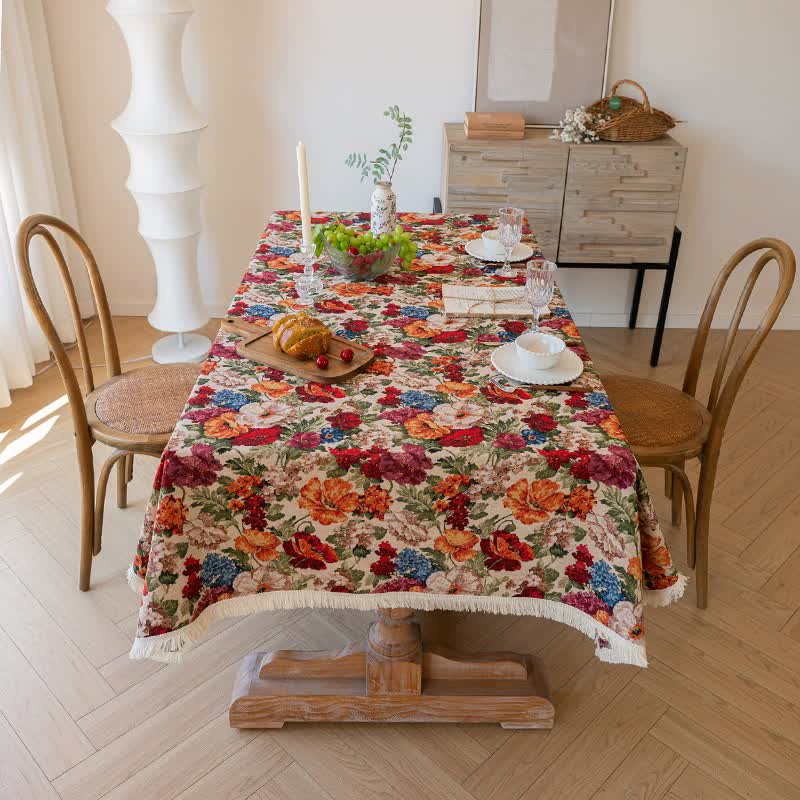 Floral Cotton Linen Tablecloth | Vintage Style Country Garden Design, 100*160cm